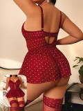 Plus-Size Women Polka Dot Lace Mesh Nightdress Two-Piece Sexy Lingerie Set