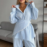 Women Patchwork Lace Striped Turndown Collar Long Sleeve Shirt and Casual Wide-Leg Pants Set