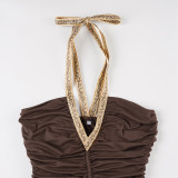 Women American-Style V-Neck Ethnic Ribbon Contrast Color Patchwork irregular pleated Halter Neck dress