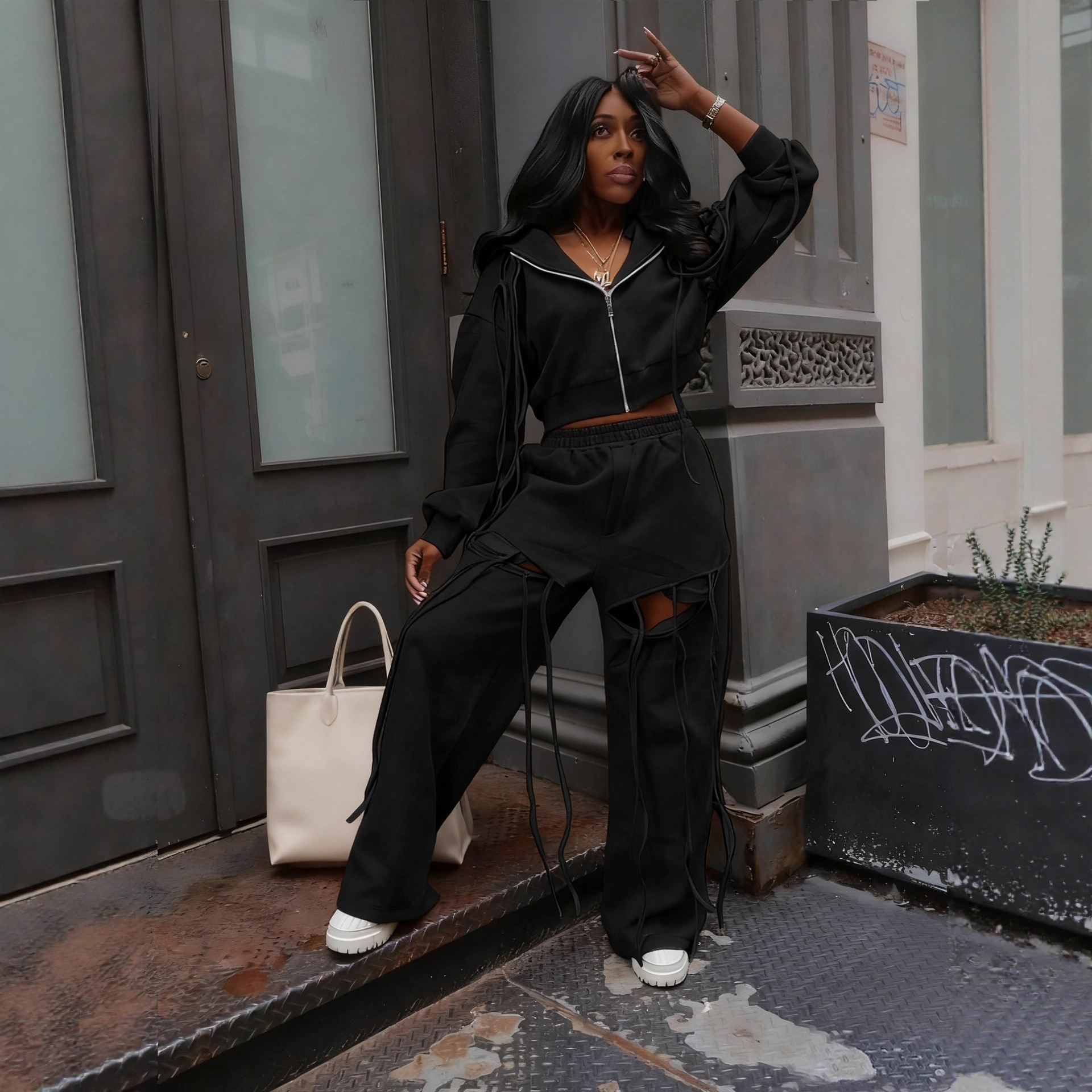 Women casual zipper hoodies and ripped wide-leg pants two-piece set