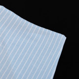 Women Patchwork Lace Striped Turndown Collar Long Sleeve Shirt and Casual Wide-Leg Pants Set