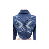 Women Embroidered Butterfly Appliqué Long-Sleeved Denim Embroidered Top