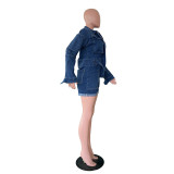 Women Casual Washed Denim Long-Sleeved Romper