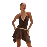 Women American-Style V-Neck Ethnic Ribbon Contrast Color Patchwork irregular pleated Halter Neck dress