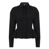 Women Pleated Casual Solid V-Neck Shirt