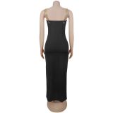 Women Elegant Gold Chain Sexy Strapless Slit Dress