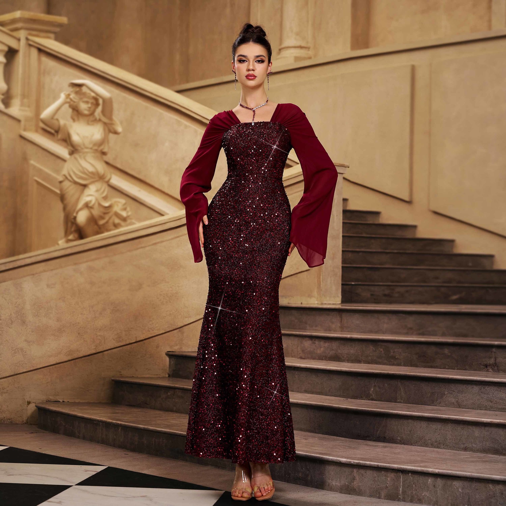 Women Long-Sleeved V-Neck Formal Party Sequined Maxi Dress