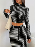 Women Solid Striped Half-Turtleneck Long-Sleeved Top and Skirt Two-Piece Set