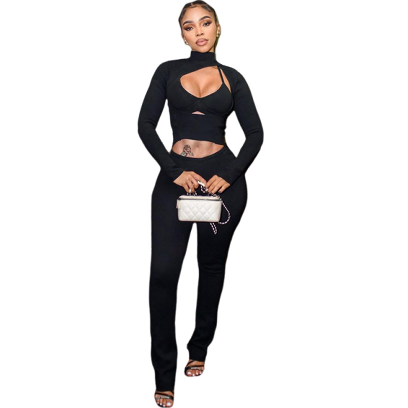 Women Autumn Hollow-Neck Long-Sleeved Top and Pants Two-Piece Set