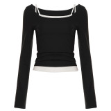 Women casual solid contrast color halter top T-shirt two-piece set