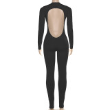 Autumn Women's Fashion Sexy Low Back Deep V Long Sleeve Solid Color Tight-Fitting Jumpsuit