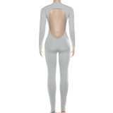 Autumn Women's Fashion Sexy Low Back Deep V Long Sleeve Solid Color Tight-Fitting Jumpsuit