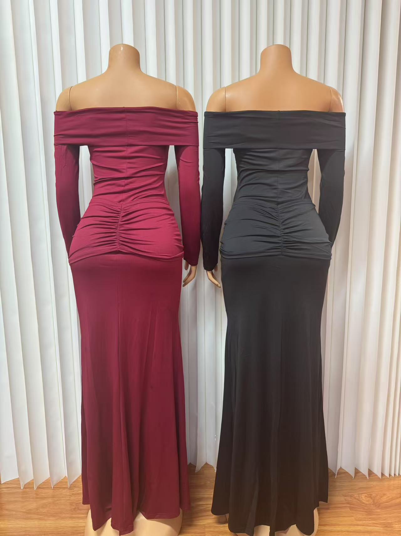 Women Off Shoulder Solid Long Sleeve Sexy Bodycon Dress