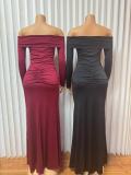 Women Off Shoulder Solid Long Sleeve Sexy Bodycon Dress