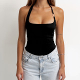 Women sporty solid Halter Neck metal ring sleeveless bodysuit
