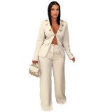 Women elegant contrast color turndown collar casual blazer and pant two-piece set