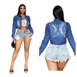 Women Embroidered Butterfly Appliqué Long-Sleeved Denim Embroidered Top