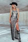 Shiny Beaded Sexy Slit Strap Black Ladies Diamond Sexy Dress