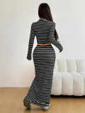 Women Solid Striped Half-Turtleneck Long-Sleeved Top and Skirt Two-Piece Set