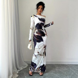 Spring Autumn Slash Shoulder Sexy Long Sleeve Slim Fit Long Dress