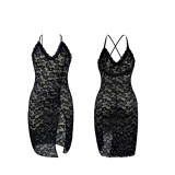 Sexy Lace Cross Low Back Strap Dress Deep V Slit Pearl Decor Slim Fit Home Sleepwear