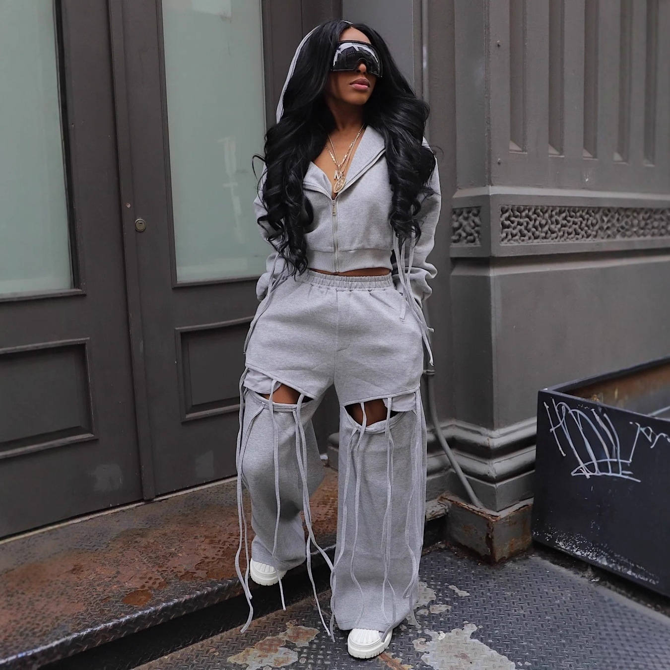 Women casual zipper hoodies and ripped wide-leg pants two-piece set