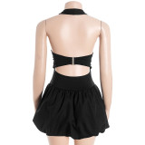 Women V-Neck Halter Neck Sexy Contrast Patchwork Flower Bud Mini Dress