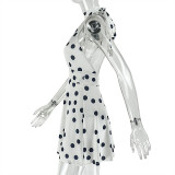 Women Pleated Waist Polka Dot Print Halter Neck Dress