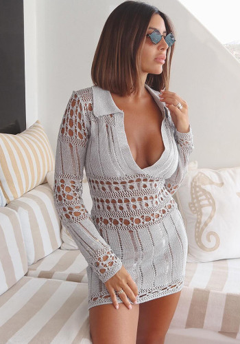 Women Fall Knitting Cutout Ripped Sexy V-Neck Bodycon Dress