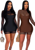 Women Sexy Zippered Mesh Jumpsuit and Suspender Dress Two-Piece Set
