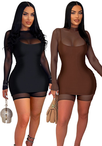 Women Sexy Zippered Mesh Jumpsuit and Suspender Dress Two-Piece Set
