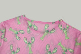 Women Patchwork Print Dress Round Neck Pleated Long-Sleeve Dress