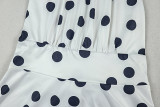 Women Pleated Waist Polka Dot Print Halter Neck Dress