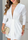 Women White V-Neck Long-Sleeve Dress