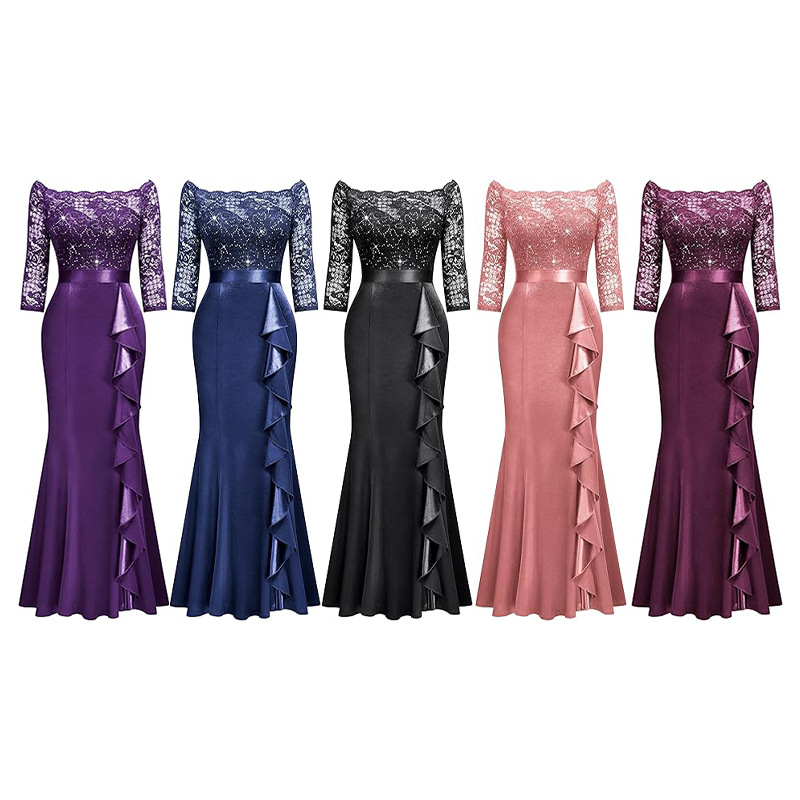 Women Elegant Floral Lace Pleated Slit Maxi Dress