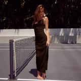 Women Strapless Sleeveless Pleated Bodycon Slit Maxi Dress