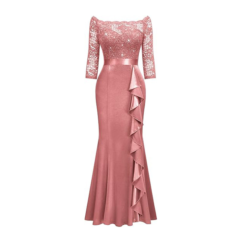 Women Elegant Floral Lace Pleated Slit Maxi Dress