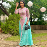 Women Patchwork Print Dress Round Neck Pleated Long-Sleeve Dress