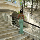 Women Sexy V-Neck Backless Pleated Bodycon Fishtail Dress