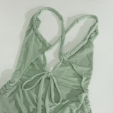 Women Sexy V-Neck Backless Pleated Bodycon Fishtail Dress