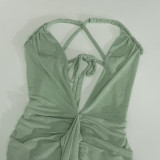 Women Sexy V-Neck Backless Pleated Bodycon Fishtail Dress