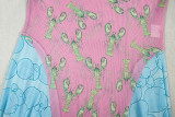 Women Patchwork Print Dress Round Neck Pleated Long-Sleeve Dress