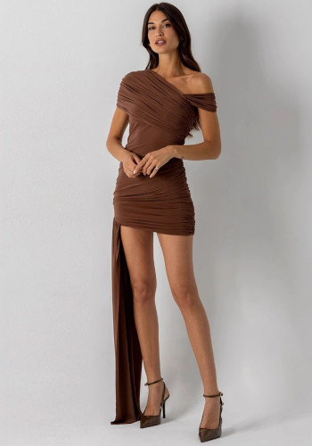 Women Slash Shoulder Off-The-Shoulder Pleated Solid Bodycon Dress