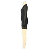 Women Sexy Zippered Mesh Jumpsuit and Suspender Dress Two-Piece Set