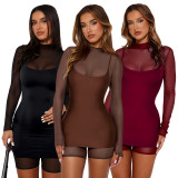 Women Sexy Zippered Mesh Jumpsuit and Suspender Dress Two-Piece Set