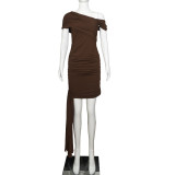 Women Slash Shoulder Off-The-Shoulder Pleated Solid Bodycon Dress