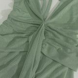 Women Sexy V-Neck Backless Pleated Bodycon Fishtail Dress