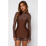 Women Sexy Zippered Mesh Jumpsuit and Suspender Dress Two-Piece Set