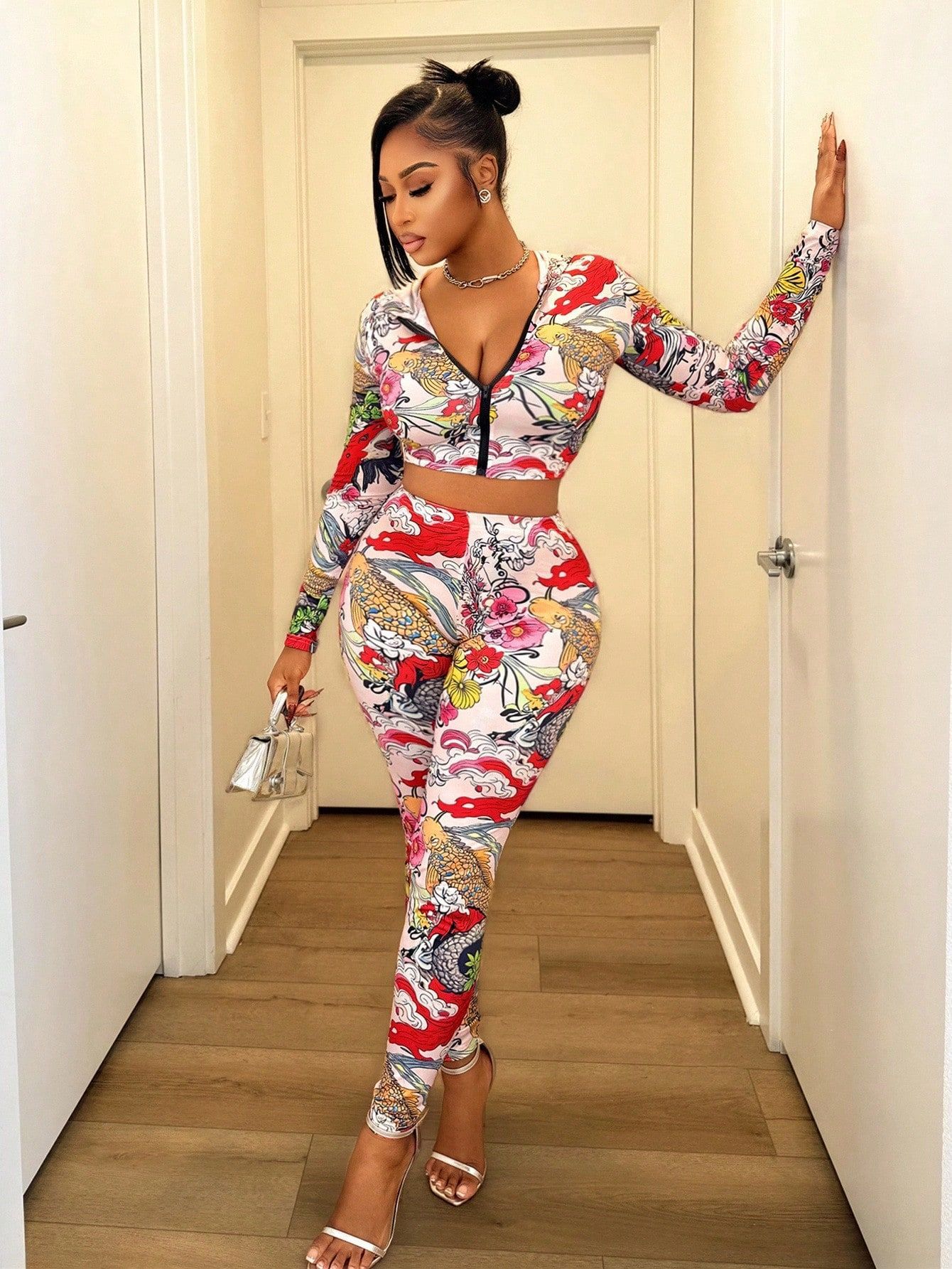 Women autumn hooded printed top and pants two-piece set