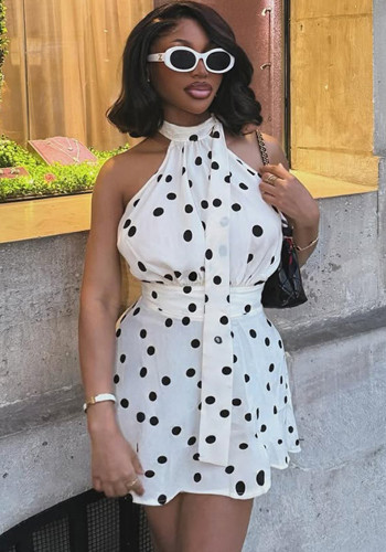 Women Pleated Waist Polka Dot Print Halter Neck Dress